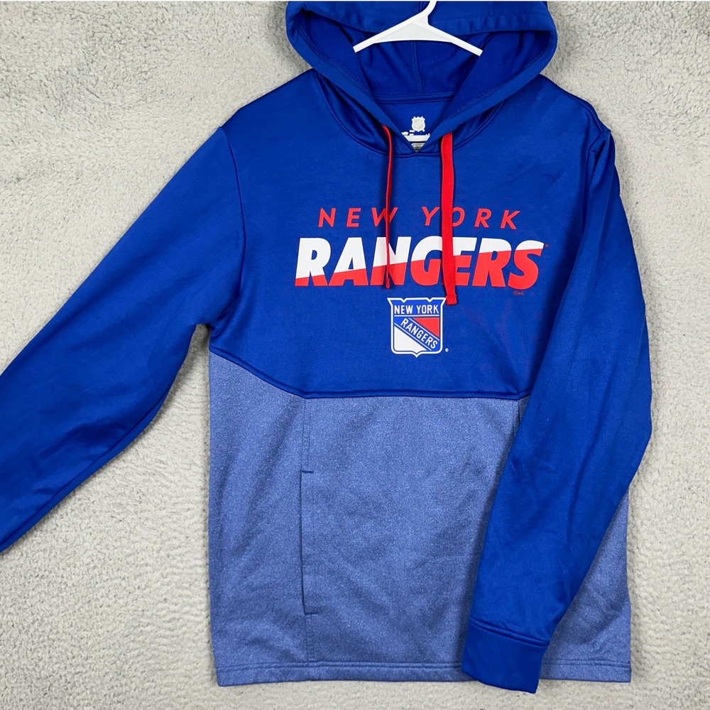 New York Rangers Fanatics Hoodie Mens Medium Blue NHL Colorblock Pullover EUC